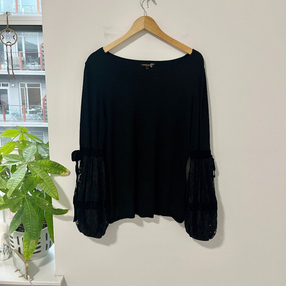 Albert Makali Black Lace Puff Sleeve & Bow Sweater Size Size Large